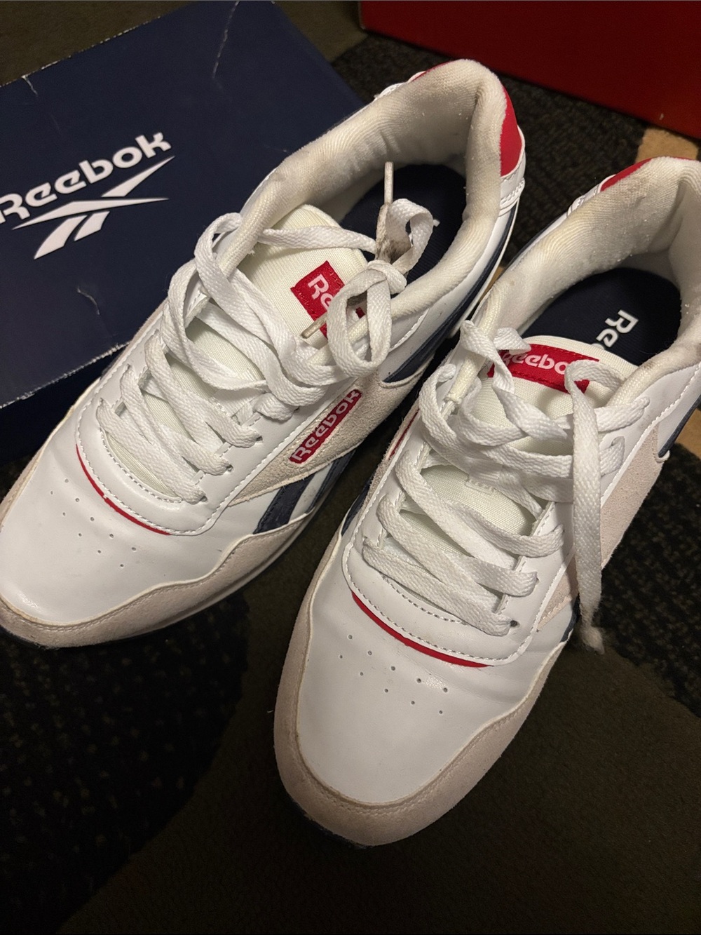 Reebok Men’s White Sneakers with Navy & Red Accents